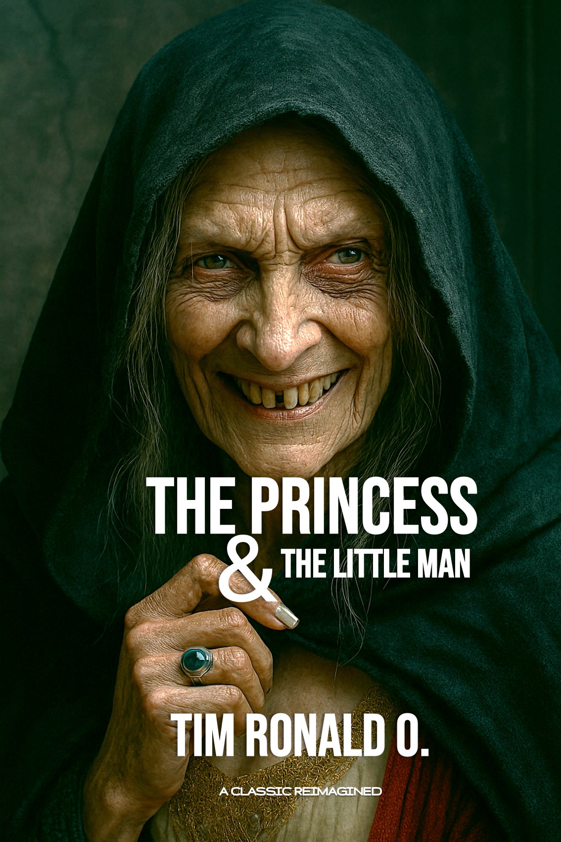 Older person in dark hooded cloak smiling on book cover for The Princess & The Little Man