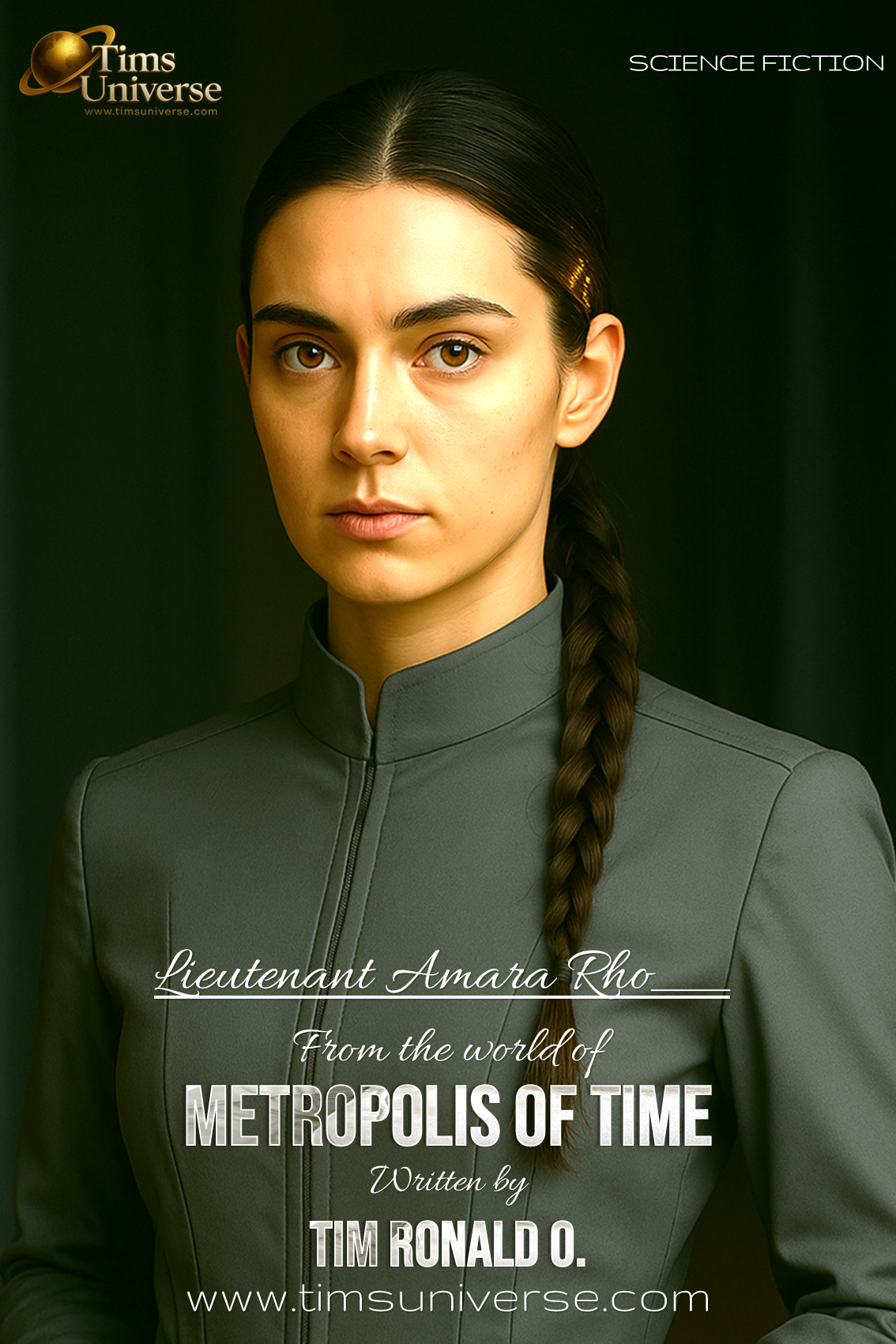 Woman with braid standing in futuristic cityscape on sci-fi book poster for Metropolis of Time