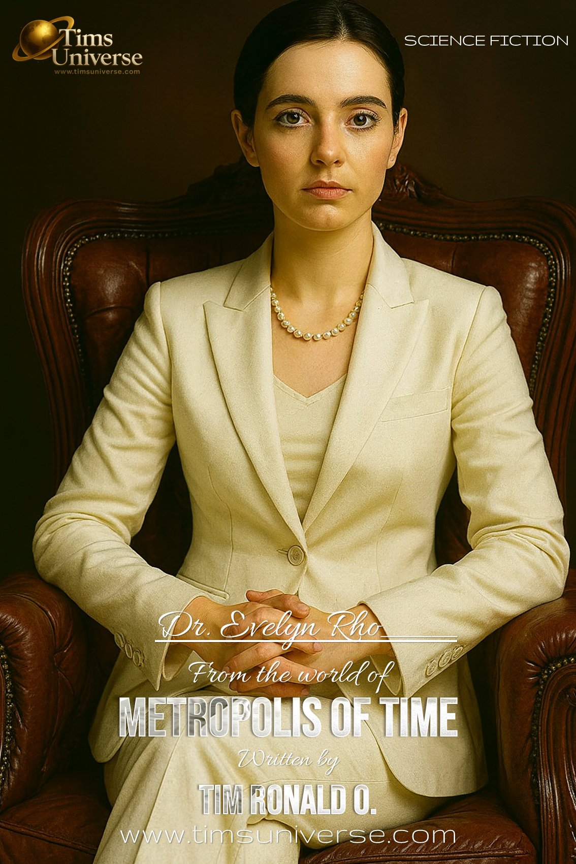 Woman with braid standing in futuristic cityscape on sci-fi book poster for Metropolis of Time
