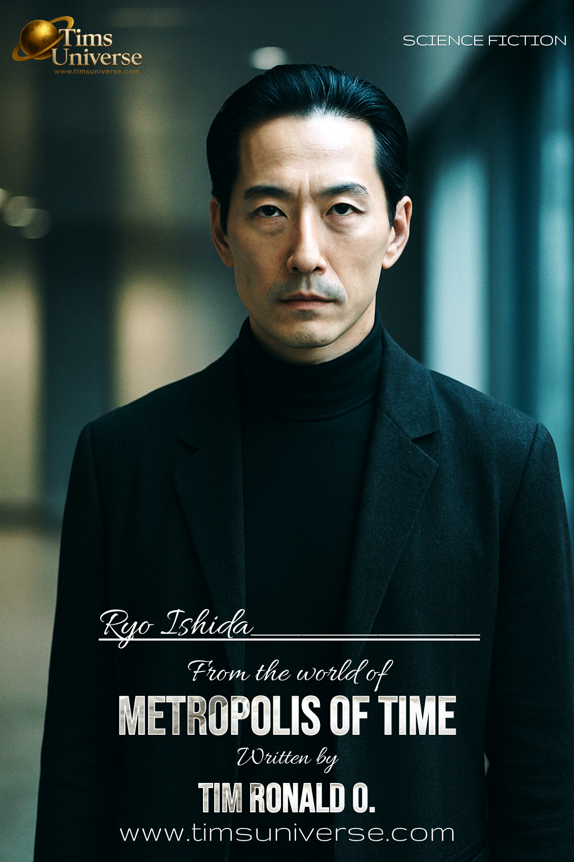 Woman with braid standing in futuristic cityscape on sci-fi book poster for Metropolis of Time