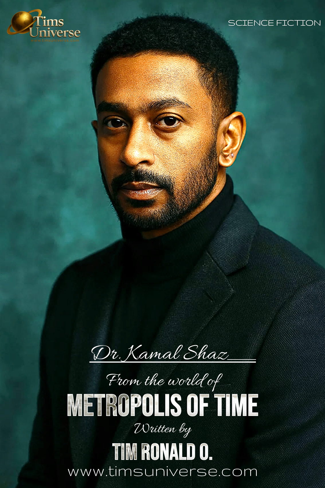 Woman with braid standing in futuristic cityscape on sci-fi book poster for Metropolis of Time