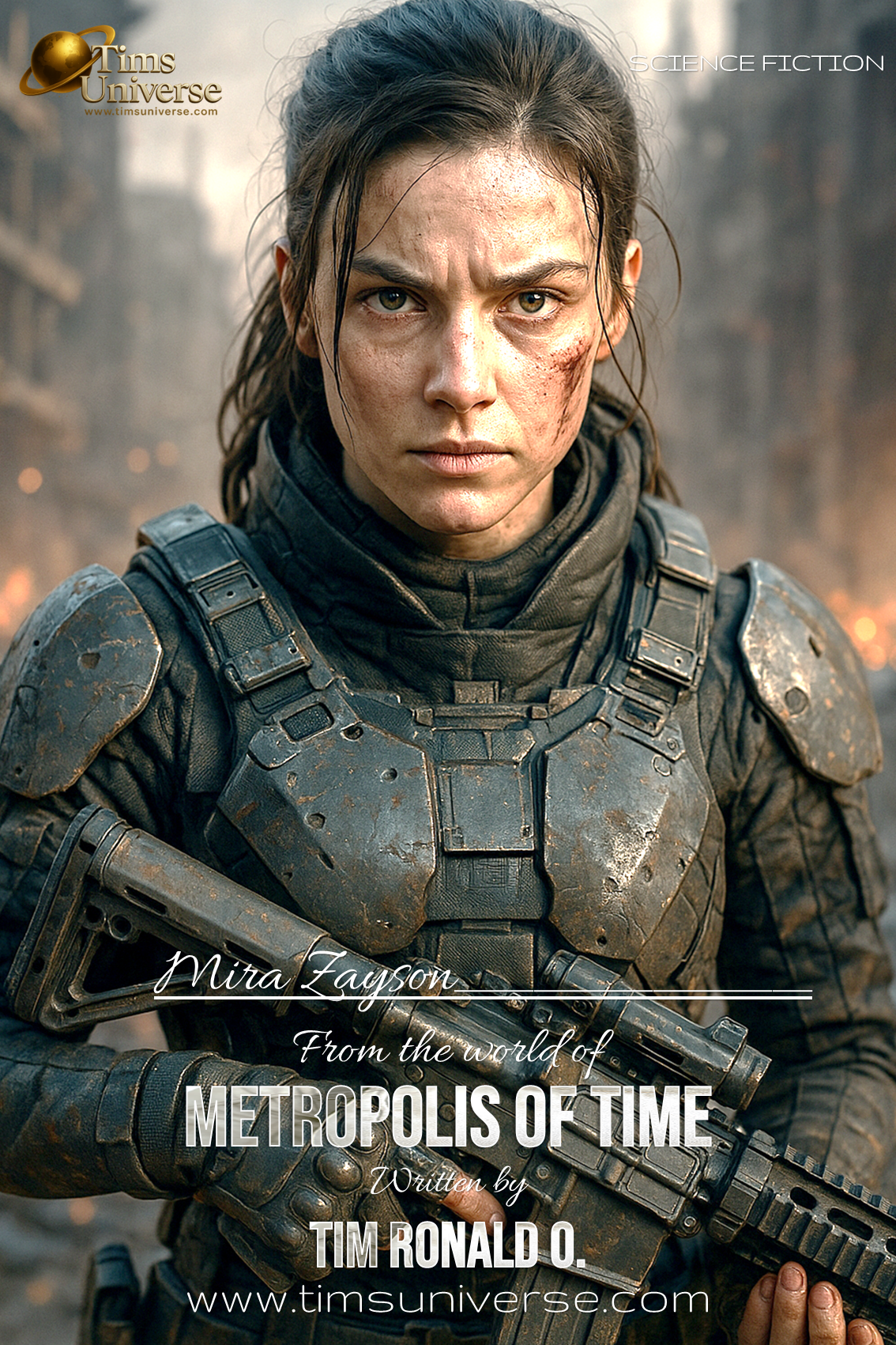 Woman with braid standing in futuristic cityscape on sci-fi book poster for Metropolis of Time