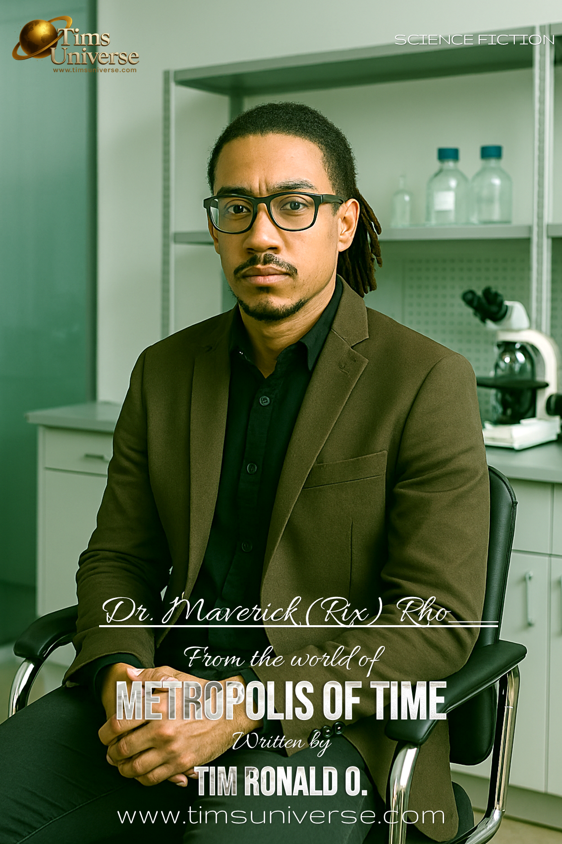 Woman with braid standing in futuristic cityscape on sci-fi book poster for Metropolis of Time