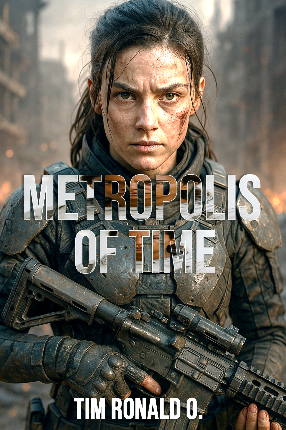Woman with braid standing in futuristic cityscape on sci-fi book poster for Metropolis of Time