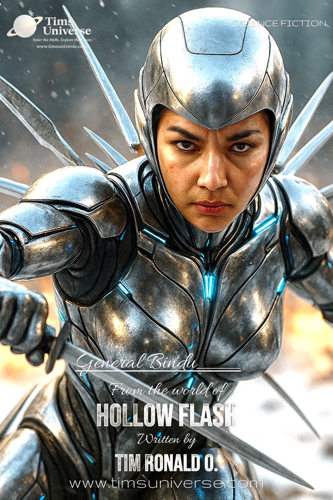 Woman with braid standing in futuristic cityscape on sci-fi book poster for Metropolis of Time