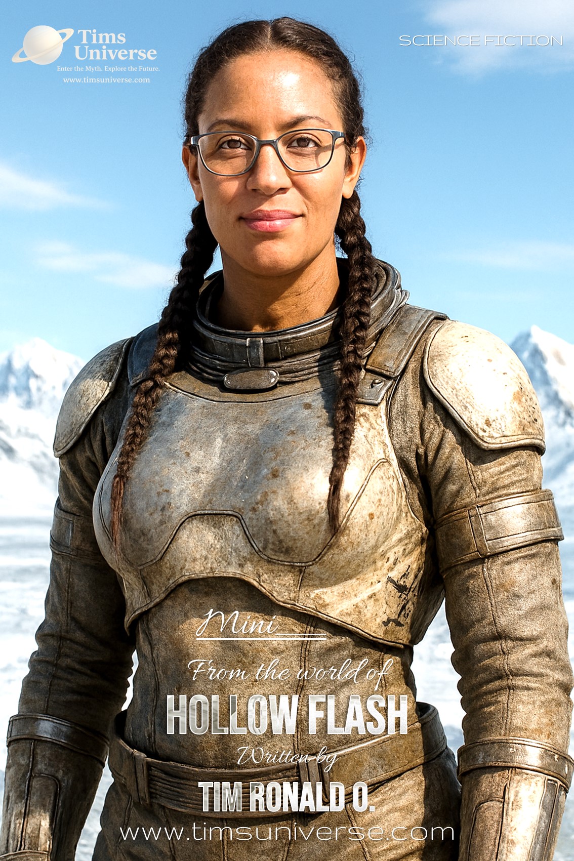 Woman with braid standing in futuristic cityscape on sci-fi book poster for Metropolis of Time