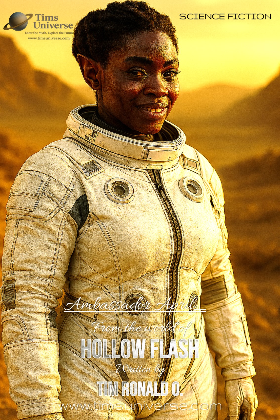 Woman with braid standing in futuristic cityscape on sci-fi book poster for Metropolis of Time