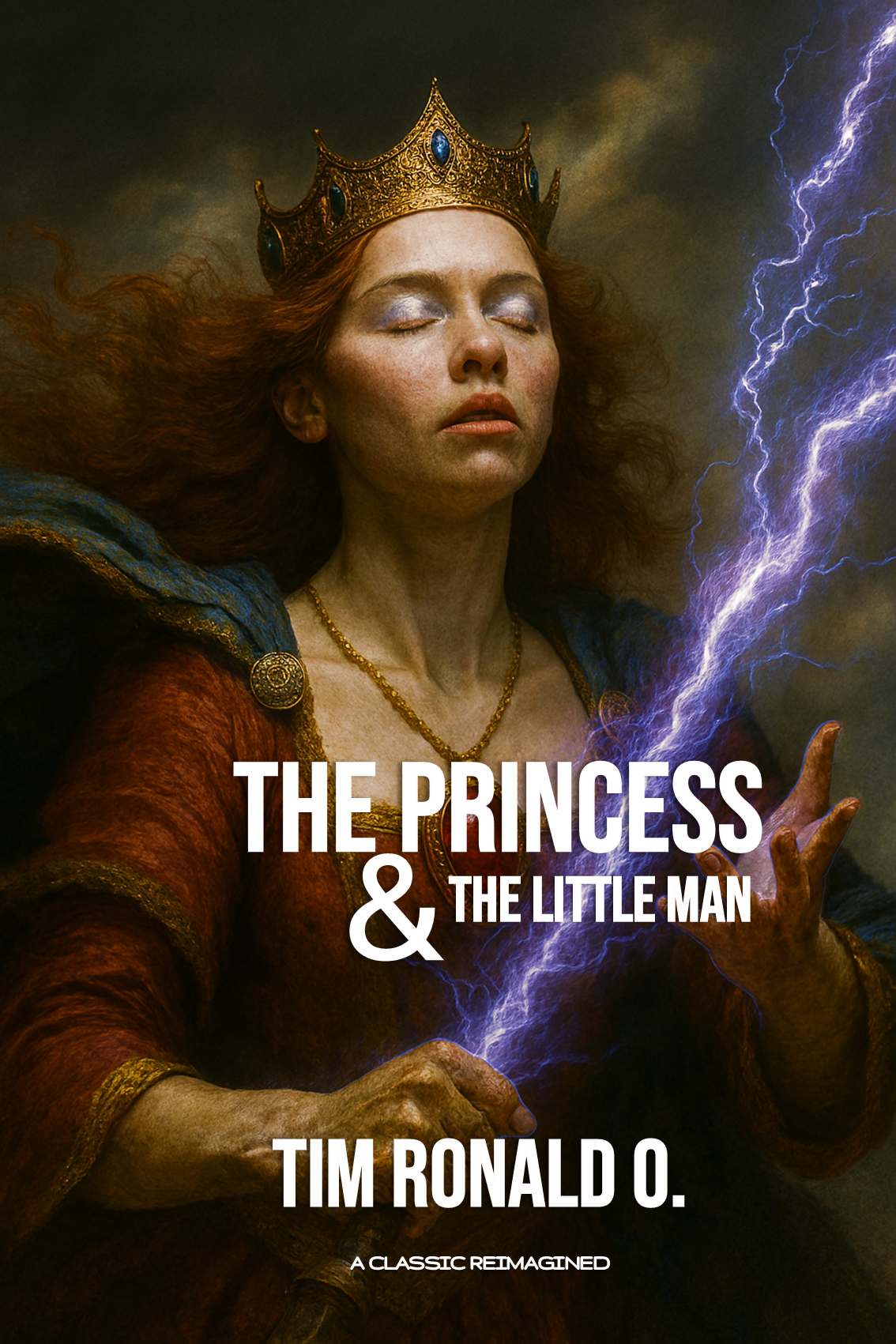 Older person in dark hooded cloak smiling on book cover for The Princess & The Little Man